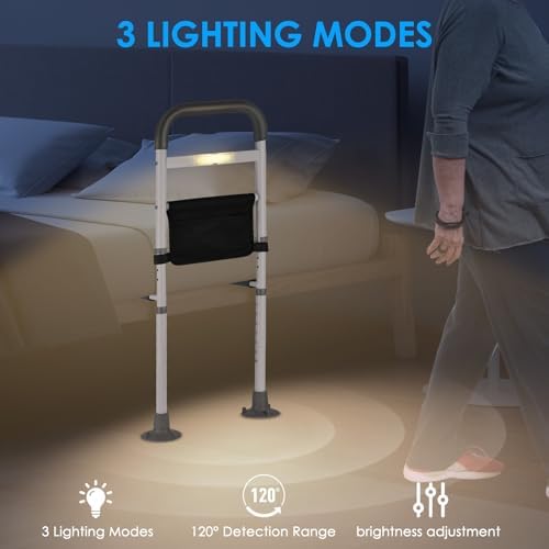 Bed Rails for Elderly Adults Safety Adjustable Bed Assist Handle with LED & Suction Cups - Bed Assist Rails for Seniors, Pregnancy & Mobility Aid 300lbs, Fits Wood/Metal Beds (16.34-19.69" Armrest)