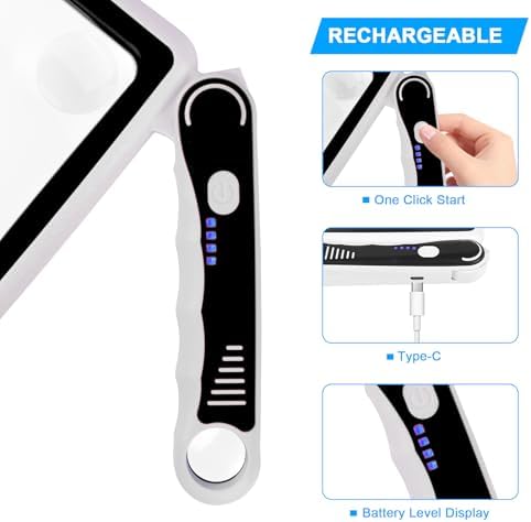 Rechargeable Magnifying Glass with Light, 5X 10X 45X Large Page Magnifier with 20 LED Lights, Folding Handheld Dimmable Magnifier for Seniors Reading Books and Small Print（Black & White）