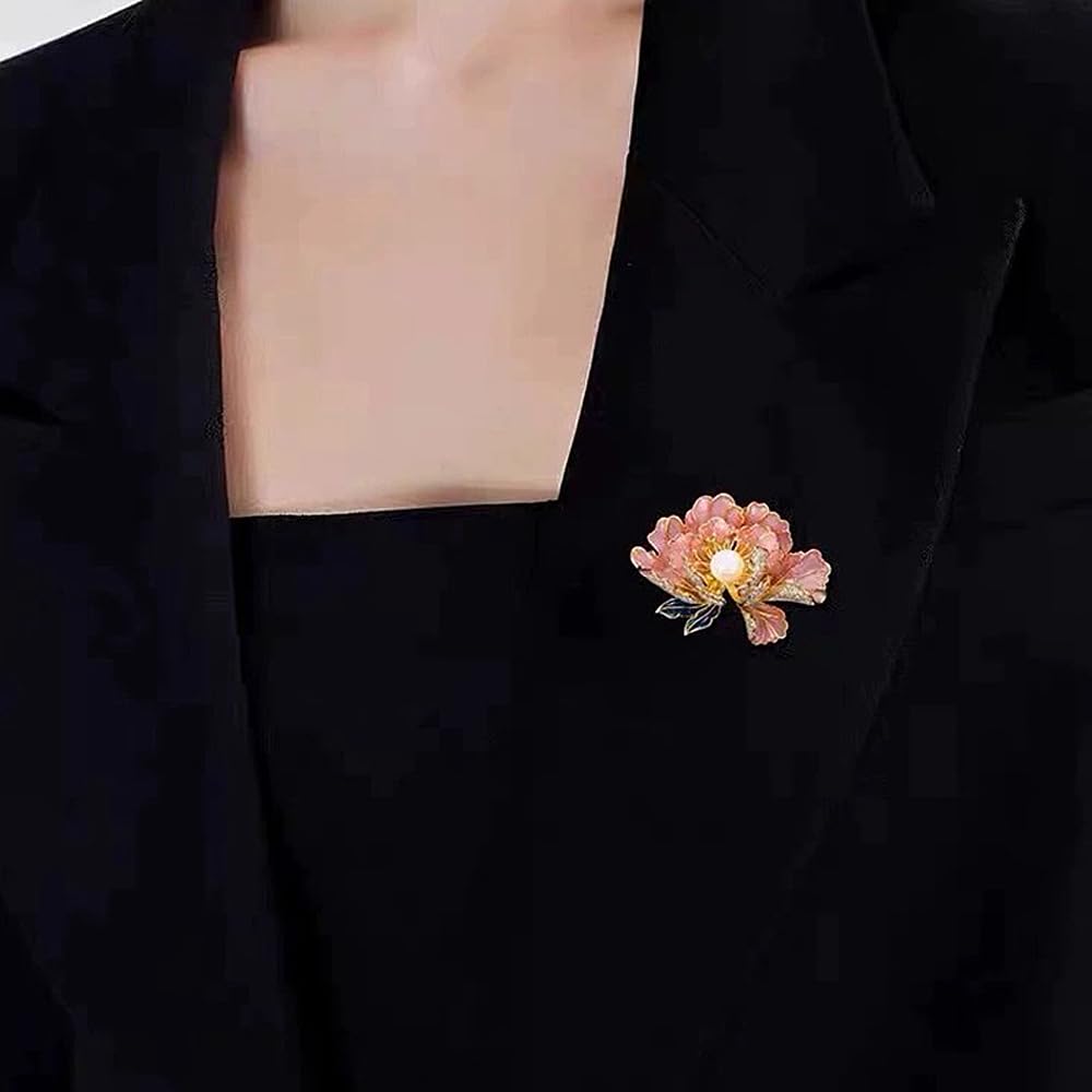 Dainty Flower Brooch Pins for Women Graceful Cubic Zircon Peony Pearl Enamel Badges Lapel Pins Trendy Banquet Prom Dress Jewelry Accessories Gift (Pink)