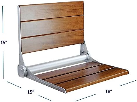 18" ADA Compliant Folding Serena Teak Wood Shower Bench Seat, Clear Coated for Extra Protection and Smooth Modern Finish, Foldable Aluminum Wall-Mounted Fold Up Bathroom Stool Seating Chair
