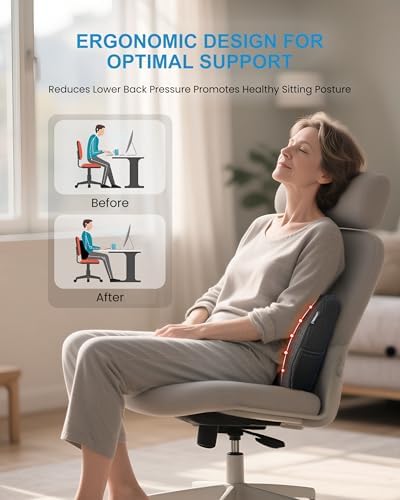 Lumbar Support Pillow for Office Chair - Heated Back Support Pillow with Vibration Massage, Ergonomic Back Massager for Chair, Adjustable Vibration, 2 Heat Levels, Gifts