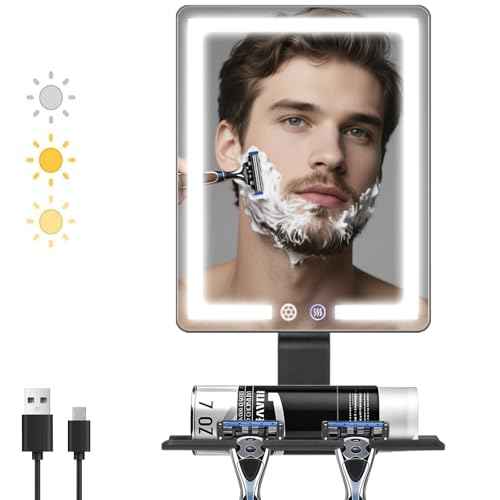 DESCHEN 2025 Updated Heated Shower Mirror Fogless for Shaving Men with 3 Color Lights, 5000mAh Rechargeable Anti Fog Shaving Mirror for Shower Fogless, 12.5¡¿8" Borderless Mirror with Razor Holder