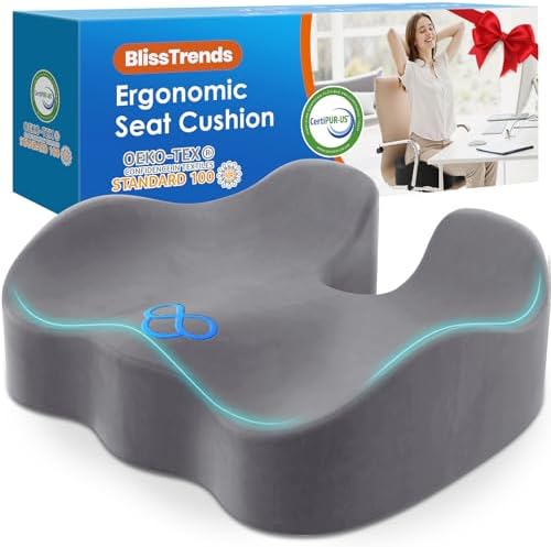 BlissTrends Seat Cushion,Thick Memory Foam Cushions for Office Chair, Car Seat, Airplane, Relieving Pressure Tailbone Sciatica Back Pain for Office Workers, Car Drivers 4.7in Thick LightGrey