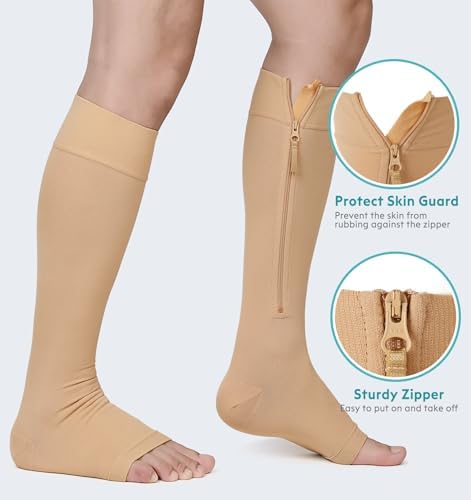 NURCOM Zipper Copper Compression Socks Open Toe Beige 15-20 mmHg Knee High Stockings, Designed for Circulation, Varicose Veins, Swelling, Venous Insufficiency, Post-Operative Recovery, 5X-Large