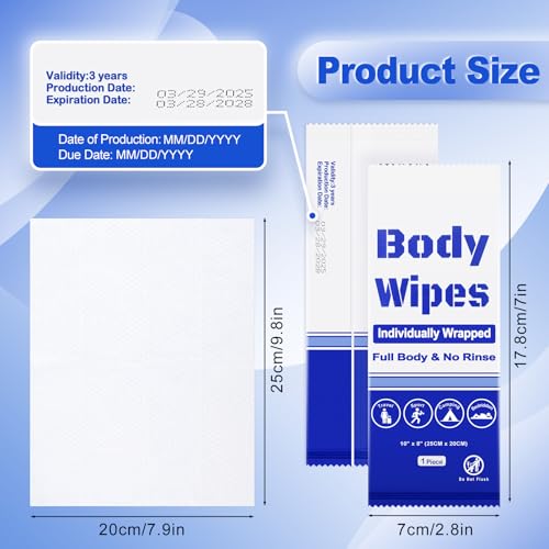 200Pcs Disposable Body Wipes, 7.8 x 9.8 inch Individually Wrapped Bath Wipes for Women Men in Bulk, No Rinse-Free Large Body Bath Shower Wipes for Home Travel Hotel Outdoors Camping After Gym (Blue)