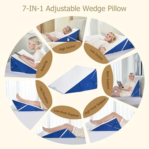 Wedge Pillow for Sleeping, 7-in-1 Adjustable Bed Wedge Pillow for Back/Leg Support, 10" & 12" Triangle Pillow Wedge Elevated Pillows for Sleeping with Handle and Washable Cover, Blue & White