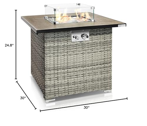 SereneLife Propane Fire Pit Table, 50000 BTU CSA/ETL Certified Safe Gas Table with Sturdy Wicker Base, Stainless Steel Burner, Glass Wind Guard & Cover, Outdoor Fireplaces for Parties