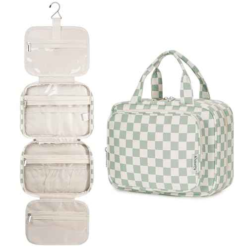Narwey Hanging Toiletry Bag for Women Travel Checkered Makeup Bag Organizer Toiletries Bag for Travel Size Essentials Accessories Cosmetics (Mint Green Checkerboard (Medium))