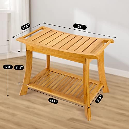 VVW Bamboo Shower Bench & Stool with Storage Shelf, Bath Benches for Inside Shower, Bathroom Stools 2-Tier Spa Seat for Adults Elderly (Beige)
