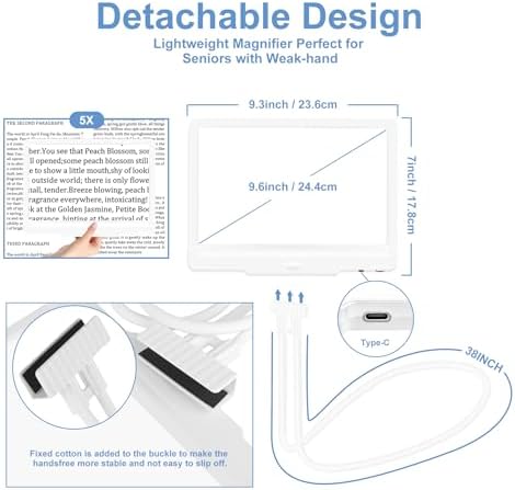 5X Hands Free Magnifying Glass with Light and Stand 43 Ultra-Bright LEDs, Page Magnifier for Reading, Neck Wear Large Magnifying Glass for Reading Small Prints Low Vision Elderly(White)