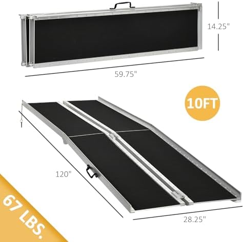 HOMCOM Wheelchair Ramp 10FT, Folding Aluminum Threshold Ramp with Non-Slip Surface, Transition Plate, 594lbs Weight Capacity for Home, Doorways, Curbs, Steps