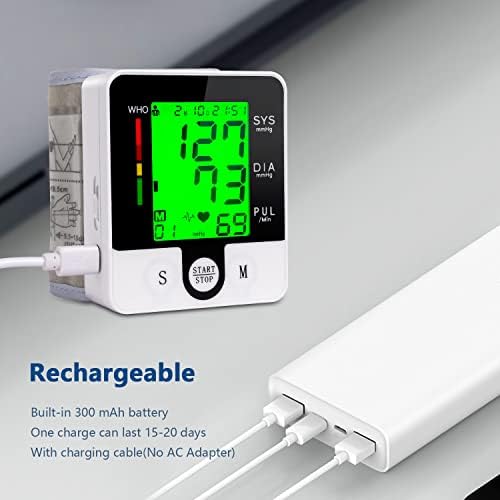 Wrist Blood Pressure Monitor for Home Use Digital Automatic Talking Wrist Blood Pressure Cuff, Rechargeable Blood Pressure Machine Adjustable Bp Cuff 3 Color Backlit LCD Display