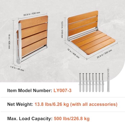 VEVOR Folding Teak Shower Seat, 20.9 x 16'' Unfolded, Wall Mounted Fold Up Shower Bench with 500 lbs Load Capacity, Space Saving Home Care Fold Down Shower Chair, for Seniors Pregnant Women Children