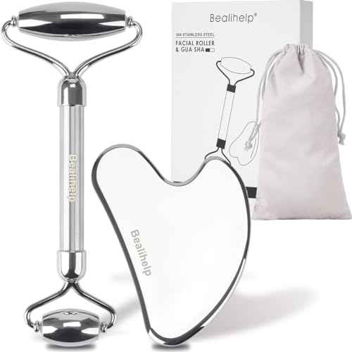 Face Roller and Gua Sha, Stainless Steel Facial Roller and Guasha Tool for Face, Skin Care Roller for Wrinkles and Lifting, Improve Puffiness, Metal Face Massager for Eyes, Neck Tighten