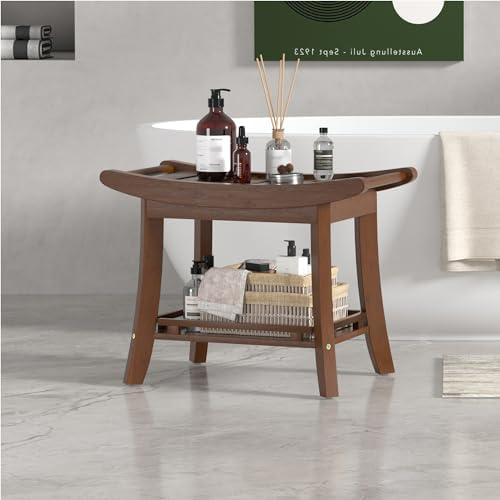 Bamboo Shower Bench Chair Bathroom Shower Stool Seat for Inside Shower Bathtub with Storage Shelf Shower Foot Rest for Shaving Legs 25.2 x 13 x 19.2 Inches Chestnut Brown