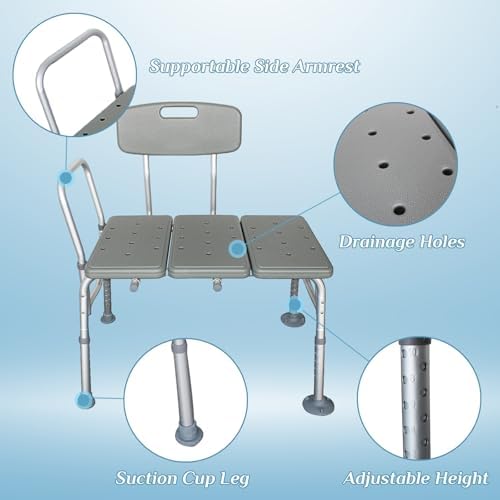 Winado Tub Transfer Bench for Bathtub with Backrest & Armrest, Supports up to 330 lbs Aluminium Alloy Bath Chair, Gray
