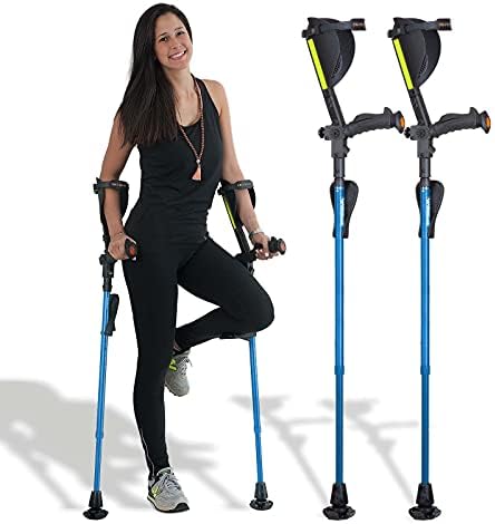 Ergobaum 7G by Ergoactives. 1 Pair (2 Units) of Ergonomic Forearm Crutches - Adult 5' - 6'6'' Adjustable, Foldable, Ergonomic, Shock Absorber, Non-Slip, Knee-Rest Platforms, LED Lights (Blue)