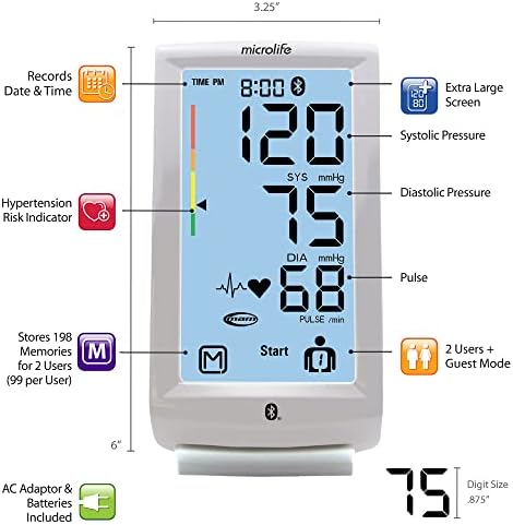 Microlife Series 800 Smart Upper Arm Blood Pressure Monitor for 2 Users, Wide Range Cuff Fits Standard to Large Adult Arms, Bluetooth Connect to Health App (iOS and Android Compatible)