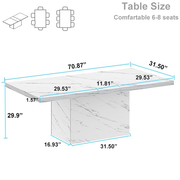 HSH 71” White Faux Marble Dining Table, Rectangle Modern Dinner Kitchen Table for 6-8, Farmhouse Long Kitchen Furniture for Living Room, Industrial Wood Dining Room Table with Sturdy Base