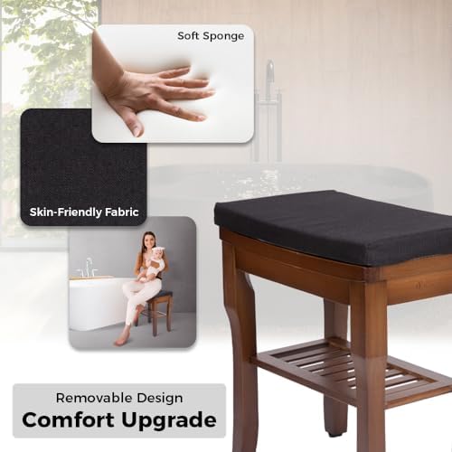 StrongTek Bamboo Shower Bench Seat with Cushion, Shower Stool with Storage Shelf, Lightweight, Non-Slip, Quick-Drain Design, 350 lbs Capacity, Ideal for Bathroom, Spa, Sauna, Living Room