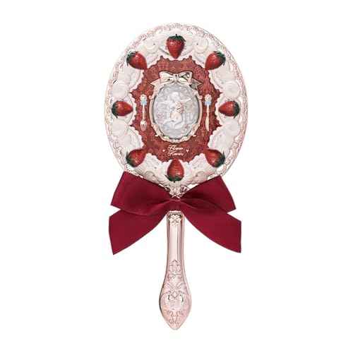 Flower Knows Strawberry Cupid Hand Mirror,Vintage Handheld Mirror,Fancy & Pretty Princess Mirror with Long Handle,Gift for Girls & Women(Red Velvet)