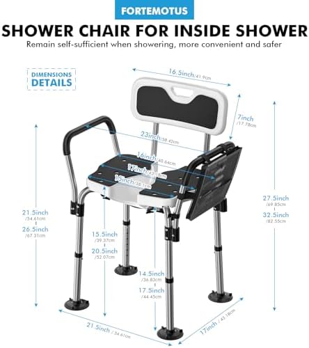 FORTEMOTUS Shower Chair for Inside Shower 400 lbs, Shower Chair for Elderly and Disabled with U Shaped Seat, Padded Arms and Back, Adjustable Height for Bathtub, Bathroom