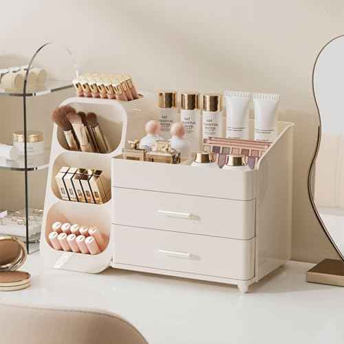 Makeup Organizer with Drawers,Large Capacity Countertop Organizer for Vanity,Bathroom and Bedroom Desk Cosmetics Organizer,Easy To Storage Skincare,Brushes,Lotions,Lipstick (All Cream)
