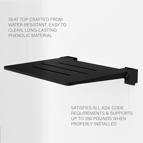 Seachrome 18 inch Silhouette Slimline Folding Wall Mount Shower Bench Seat, Matte Black Seat with Matte Black Frame