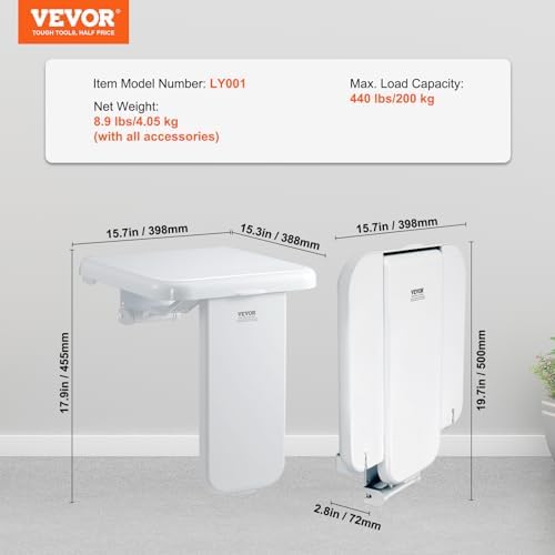 VEVOR Folding ABS Shower Seat, 15.7'' x 16.7'' Unfolded, Wall Mounted Fold Up Shower Bench with 440 lbs Load Capacity, Space Saving Fold Down Shower Chair for Seniors Pregnant Women Children Adults