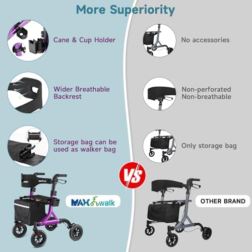 Walkers for Seniors, Rollator Walker with Seat, 8" Rubber Wheels All Terrain Rollator Walker with Backrest, Aluminum Walkers Built-in Cable, Foldable and Adjustable Height for Seniors, Purple