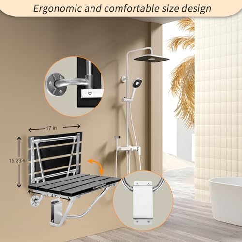 17 Inchs Folding Shower Seat Wall Mounted, Foldable Shower Bench for Small Spaces, 400lb Capacity (Black)