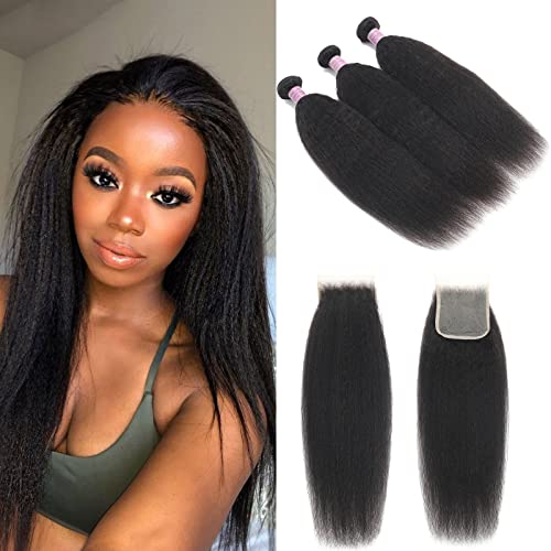 Kinky Straight Human Hair 3 Bundles With 4x4 Lace Closure Free Part 100% Unprocessed Brazilian Remy Yaki Straight Human Hair Extensions With Closure,Natural Black (12 12 12+10Closure)