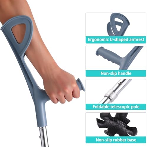 2 Pcs Forearm Crutches for Adults Foldable Knee Patients Mobility aids for Childre and Seniors for with Leg Injury Adjustable Travel Lightweight Walking Stick