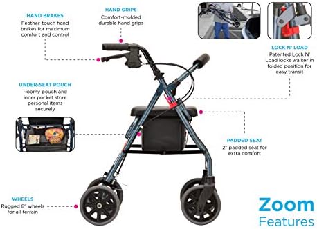 NOVA Medical Products Zoom Rollator Walker with Seat Height, 20 Inch, Red, 1 Count
