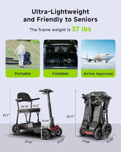 4 Wheel Mobility Scooter for Adults & Seniors Electric Powered Lightweight Foldable 5 MPH Speed 15 Miles Range Two Removable Batteries Airline Approved (Black Red, Standard)