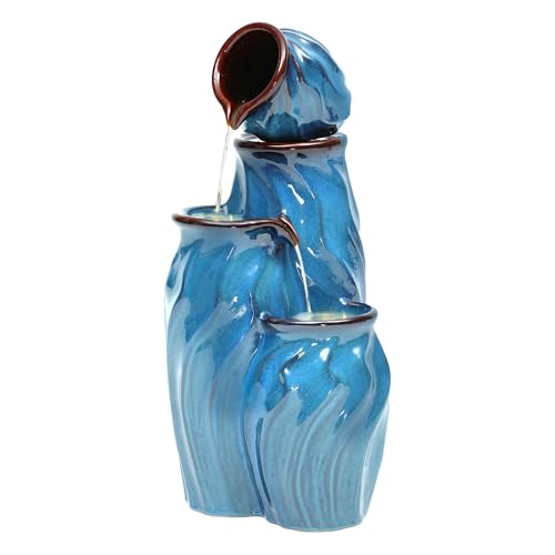 Ultym 29" Ceramic Outdoor Fountain with Lights, 4-Tier Pots Waterfalls Patio Water Fountain, Tranquil Oasis for Relaxing Garden, Yard, or Porch Decor, Turquoise, Dynamic Wave-Texture