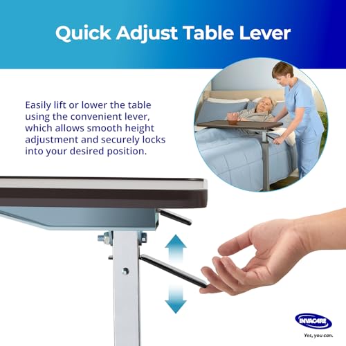 Invacare Bed Table, Height Adjustable & Tilting Overbed Table, Hospital Bedside Table, Medical Rolling Desk with Wheels, Waterproof Medical and Home Use L-Shaped Steel Base Over Bed Tray Table
