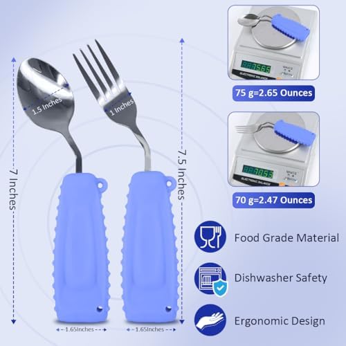 Adaptive Utensils,Curved Angled Spoon and Fork Set,for Tremors Parkinsons Limited or Elderly,Lightweight Cutlery with Non-Slip Easy Grip Handles (Right Hand Spoon and Fork Set,Pack of 2,Purple)
