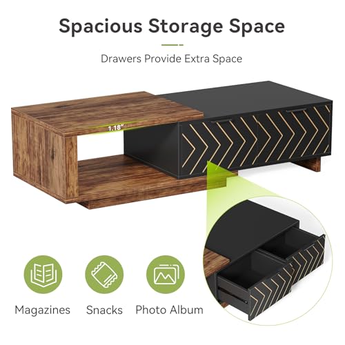 LITTLE TREE Expandable Wooden Coffee Table with 2 Drawers, Space-Saving Rectangular Farmhouse Center Table, Perfect for Living Room and Office, Brown and Black