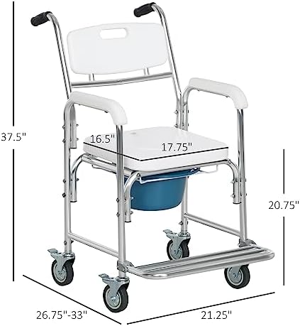 HOMCOM 3-in-1 Shower Commode Wheelchair, Transport Beside Commode Chair, Waterproof Rolling Over Toilet Chair 330 lbs. Weight Capacity with Padded Seat, White