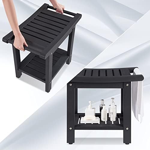 Poly Lumber Shower Bench Seat, Larger Size 22" x 13", Shower Benches for Inside Shower, Waterproof Shower Stool with Handles & Storage Shelf, Shower Chair for Bathroom, Bath Stool to Sit (Black)
