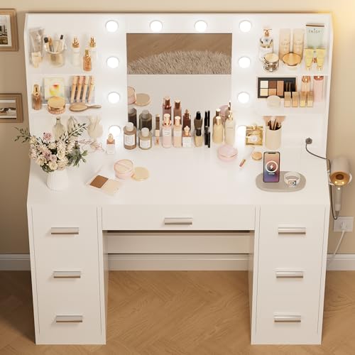 Acurax Makeup Vanity Desk with Mirror and 10 Lights, Table with 7 Drawers and 4 Open Shelves, 3 Color Modes and Adjustable Brightness, Charging Station for Bedroom, Bright White