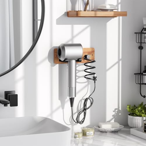 Tindbea Hair Dryer Holder Curling Iron Holder, Blow Dryer Holder Wall Mount, Bathroom Hair Tool Organizer Rack for Universal Dryer, Sapele Wood Matte Black