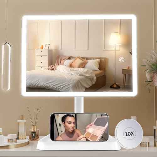 FUNTOUCH Rechargeable Makeup Vanity Mirror with Lights, Large Lighted Desk Makeup Mirror with 96 LED Lights and 10x Magnifying Mirror, 3 Color Lighting, Light up Make up Mirror with Phone Holder