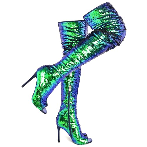 CAMSSOO Thigh High Boots Women's Sequins Over The Knee Boots Fashion Sexy High Heels Sparkle Thigh High Boots Open Toe Party Dance Stiletto Knee High Boots