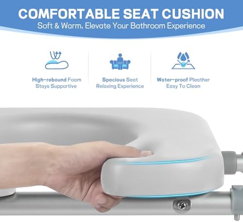 Raised Toilet Seat with Handles, Heavy Duty 500lb Toilet Seat Risers for Seniors, Extra Support Bars for Soft Padded Seat, Adjustable Width&Height Toilet Seat Riser for Disabled-Gray