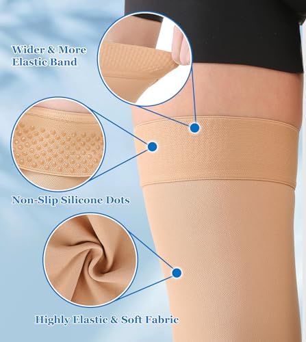 MGANG Thigh High Leg Sleeve 20-30 mmHg Graduated Compression with Grip Top, Medical Compression Stockings for Men and Women, with Varicose Veins, Lymphedema, Swelling & Venous Insufficiency, Beige XXL