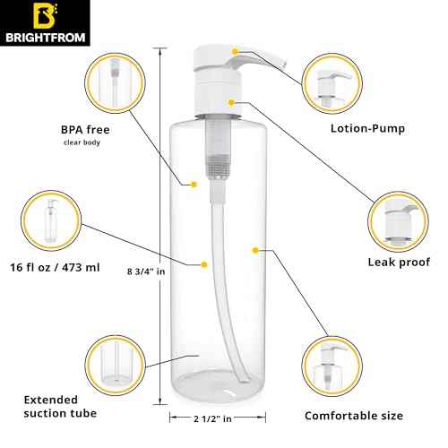 BRIGHTFROM Empty Lotion Pump Bottles 16 OZ, BPA-Free Refillable Containers, Plastic PET, Great for - Soap, Shampoo, Lotions, Liquid Body Soap, Creams and Massage Oil's, 2 Pack (White Pump)