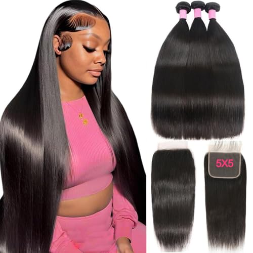 12A Straight Bundles Human Hair with 5x5 Closure 14 16 18+12 Inch Brazilian Human Hair Weave Bundles with 5x5 HD Lace Closure 100% Unprocessed Virgin Hair Extensions