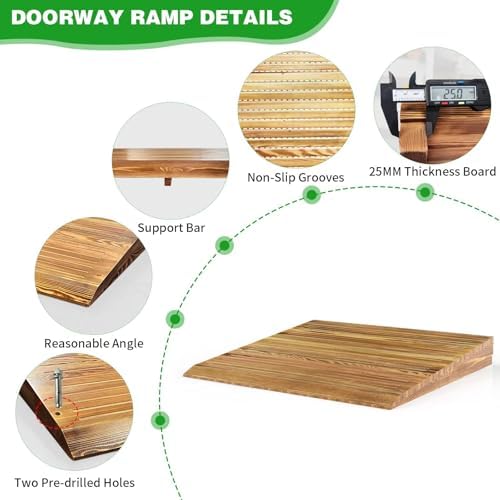 Wooden Threshold Ramp for Home Steps, 5" Rise Doorway Ramp with Non-Slip Grooves, Door Ramp for Wheelchair/Walker/Cart/Scooter, (31.4 W*5.0" H, Solid Pine Wood, 600LBS Capacity)